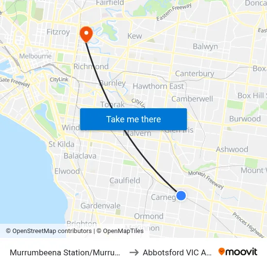 Murrumbeena Station/Murrumbeena Rd to Abbotsford VIC Australia map