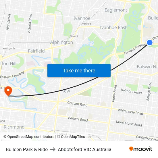 Bulleen Park & Ride to Abbotsford VIC Australia map
