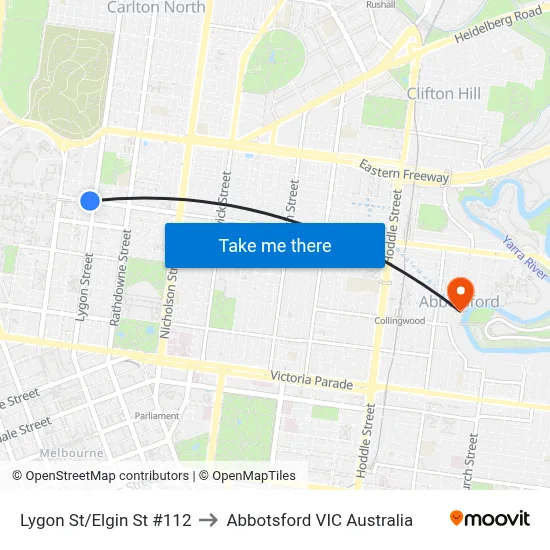 Lygon St/Elgin St #112 to Abbotsford VIC Australia map