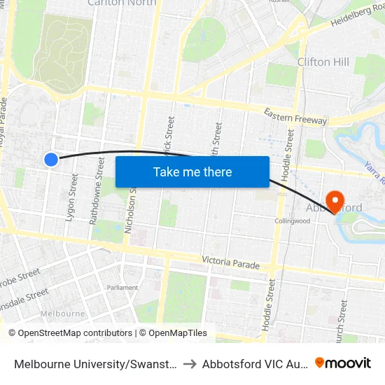 Melbourne University/Swanston St #1 to Abbotsford VIC Australia map