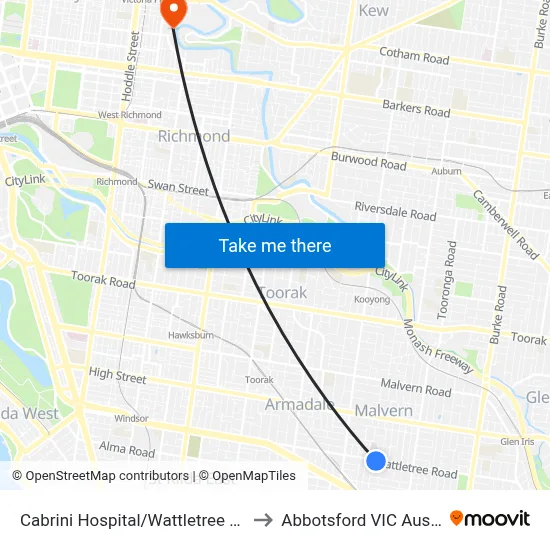 Cabrini Hospital/Wattletree Rd #47 to Abbotsford VIC Australia map