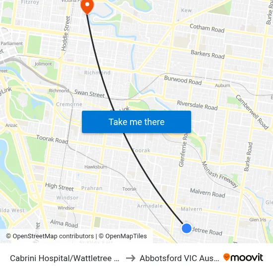 Cabrini Hospital/Wattletree Rd #47 to Abbotsford VIC Australia map