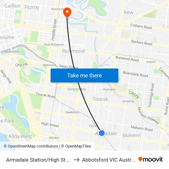 Armadale Station/High St #40 to Abbotsford VIC Australia map