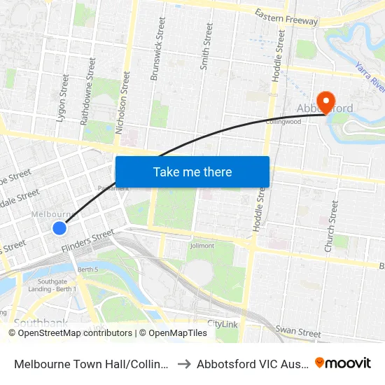 Melbourne Town Hall/Collins St #6 to Abbotsford VIC Australia map