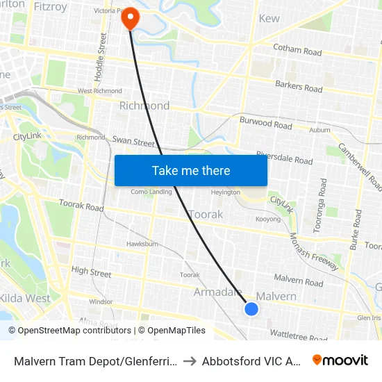 Malvern Tram Depot/Glenferrie Rd #56 to Abbotsford VIC Australia map