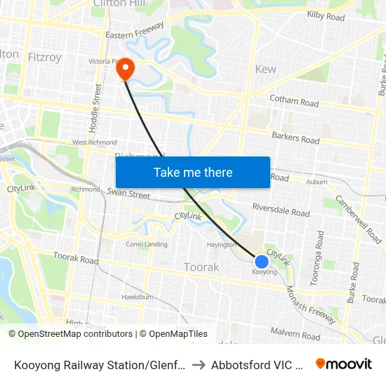Kooyong Railway Station/Glenferrie Rd #65 to Abbotsford VIC Australia map