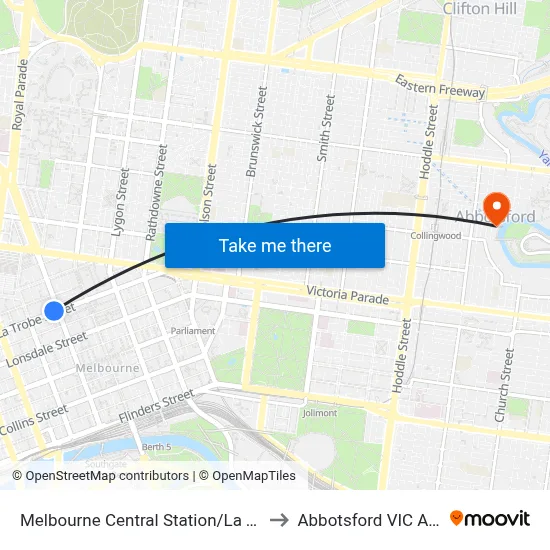 Melbourne Central Station/La Trobe St  #5 to Abbotsford VIC Australia map