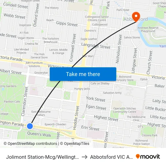 Jolimont Station-Mcg/Wellington Pde #11 to Abbotsford VIC Australia map