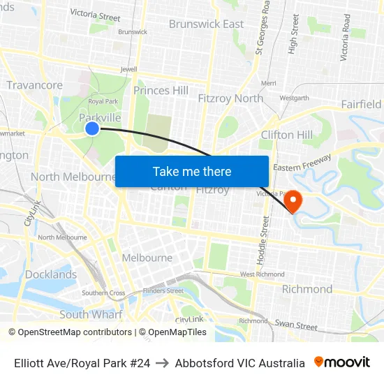 Elliott Ave/Royal Park #24 to Abbotsford VIC Australia map