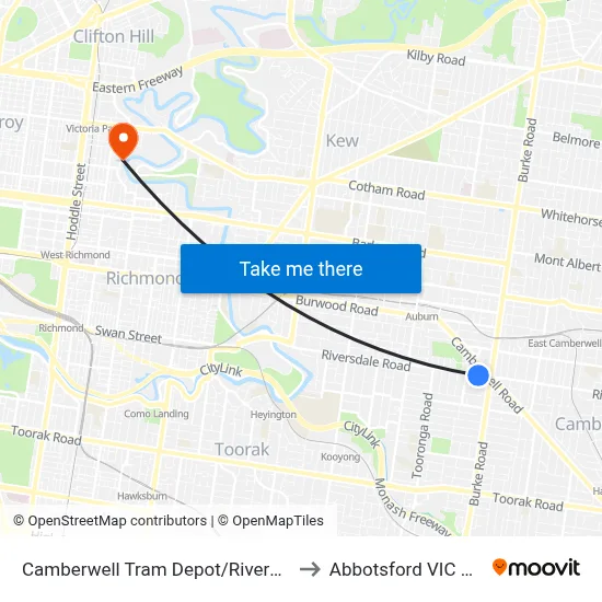 Camberwell Tram Depot/Riversdale Rd #39 to Abbotsford VIC Australia map