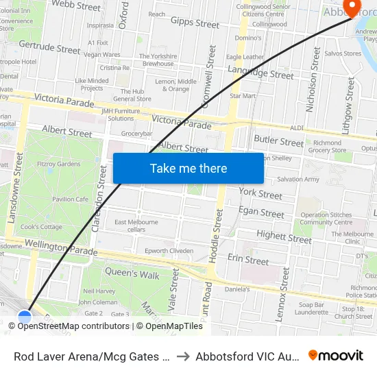 Rod Laver Arena/Mcg Gates 1-3 #7b to Abbotsford VIC Australia map