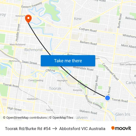 Toorak Rd/Burke Rd #54 to Abbotsford VIC Australia map