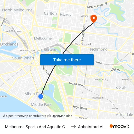 Melbourne Sports And Aquatic Centre/Light Rail #129 to Abbotsford VIC Australia map