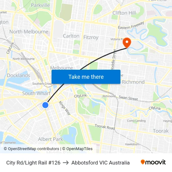 City Rd/Light Rail #126 to Abbotsford VIC Australia map