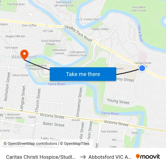 Caritas Christi Hospice/Studley Park Rd to Abbotsford VIC Australia map