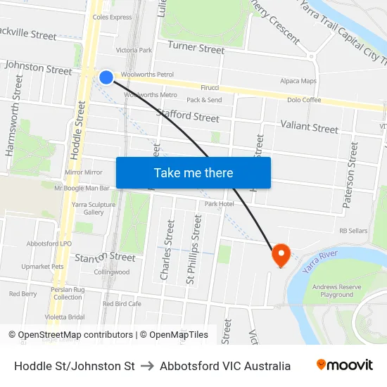 Hoddle St/Johnston St to Abbotsford VIC Australia map