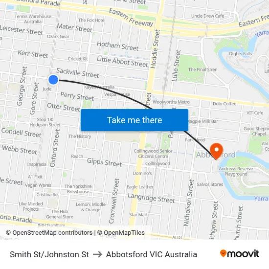 Smith St/Johnston St to Abbotsford VIC Australia map