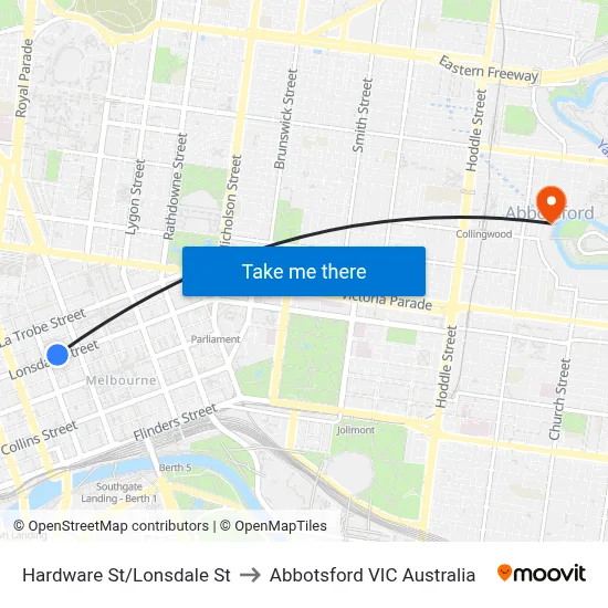 Hardware St/Lonsdale St to Abbotsford VIC Australia map