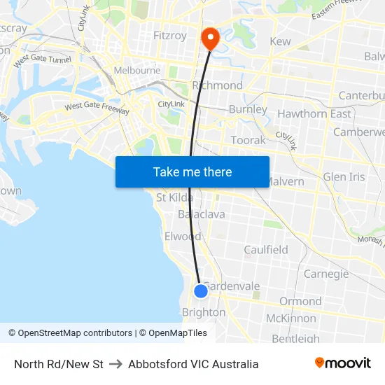 North Rd/New St to Abbotsford VIC Australia map