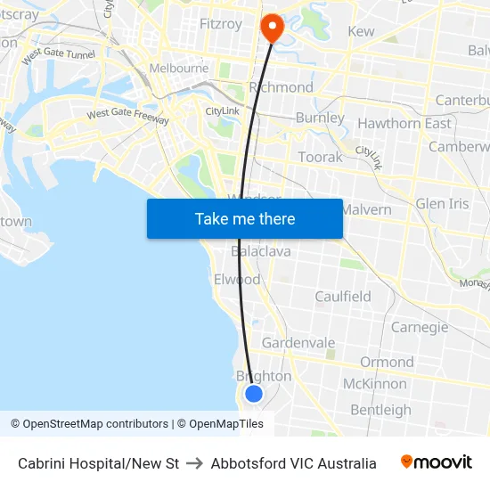 Cabrini Hospital/New St to Abbotsford VIC Australia map