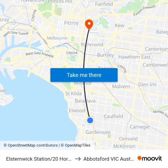 Elsternwick Station/20 Horne St to Abbotsford VIC Australia map