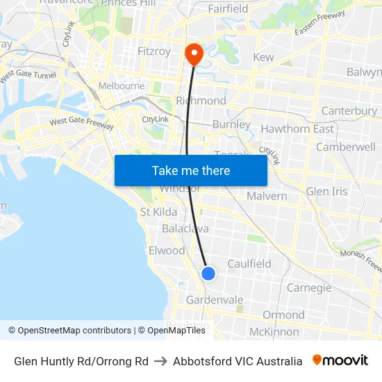 Glen Huntly Rd/Orrong Rd to Abbotsford VIC Australia map
