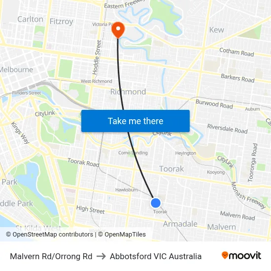 Malvern Rd/Orrong Rd to Abbotsford VIC Australia map