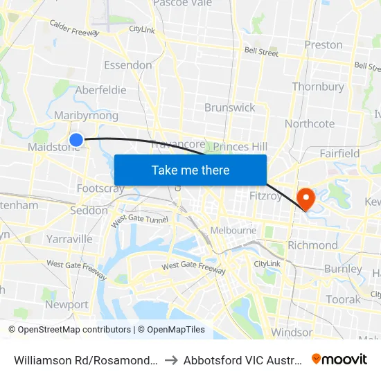 Williamson Rd/Rosamond Rd to Abbotsford VIC Australia map
