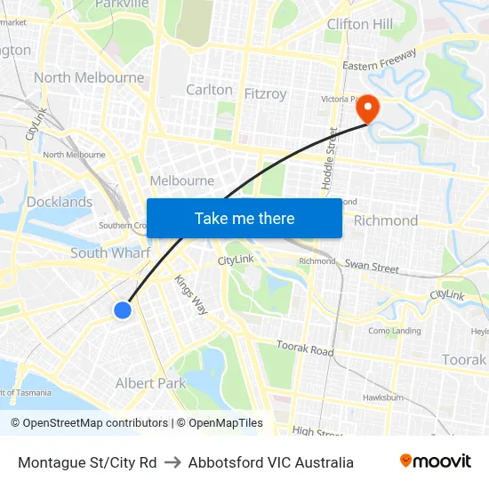 Montague St/City Rd to Abbotsford VIC Australia map