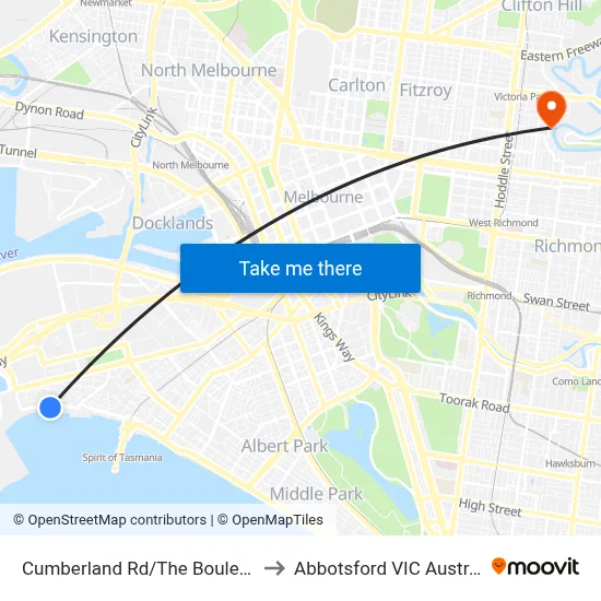 Cumberland Rd/The Boulevard to Abbotsford VIC Australia map
