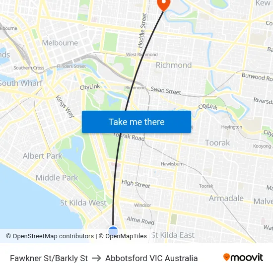Fawkner St/Barkly St to Abbotsford VIC Australia map