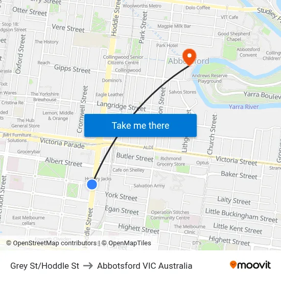 Grey St/Hoddle St to Abbotsford VIC Australia map