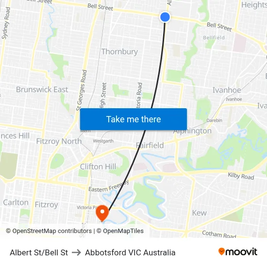 Albert St/Bell St to Abbotsford VIC Australia map