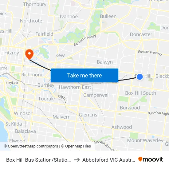Box Hill Bus Station/Station St to Abbotsford VIC Australia map