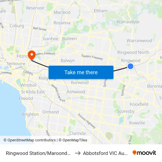 Ringwood Station/Maroondah Hwy to Abbotsford VIC Australia map