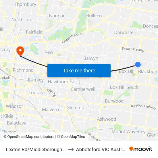 Lexton Rd/Middleborough Rd to Abbotsford VIC Australia map