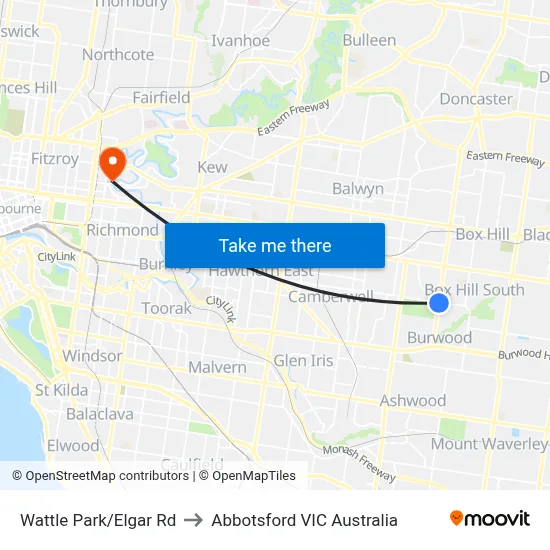 Wattle Park/Elgar Rd to Abbotsford VIC Australia map