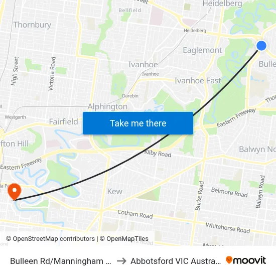 Bulleen Rd/Manningham Rd to Abbotsford VIC Australia map