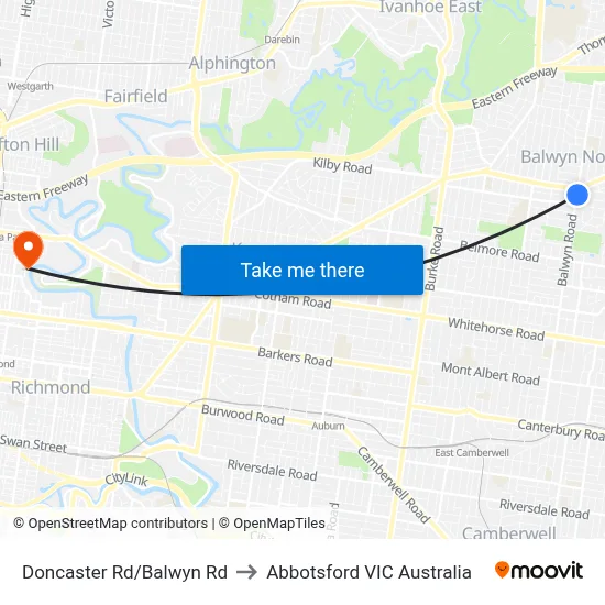 Doncaster Rd/Balwyn Rd to Abbotsford VIC Australia map