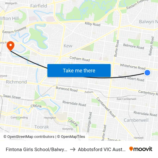 Fintona Girls School/Balwyn Rd to Abbotsford VIC Australia map