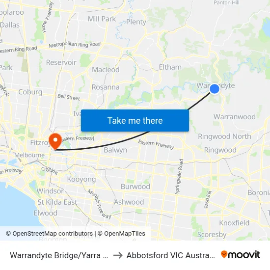 Warrandyte Bridge/Yarra St to Abbotsford VIC Australia map