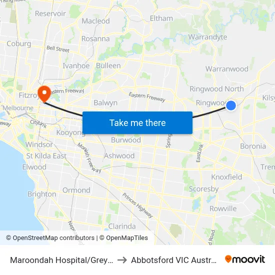 Maroondah Hospital/Grey St to Abbotsford VIC Australia map