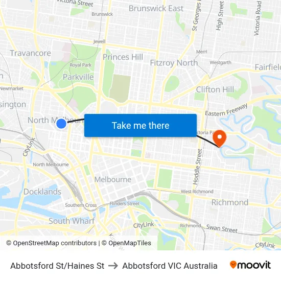 Abbotsford St/Haines St to Abbotsford VIC Australia map