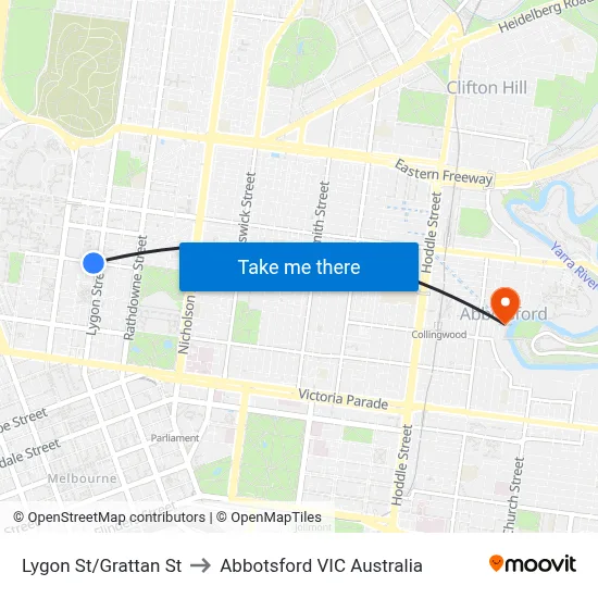 Lygon St/Grattan St to Abbotsford VIC Australia map