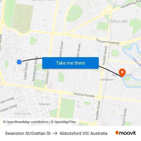 Swanston St/Grattan St to Abbotsford VIC Australia map