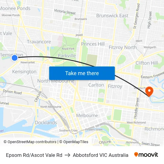 Epsom Rd/Ascot Vale Rd to Abbotsford VIC Australia map