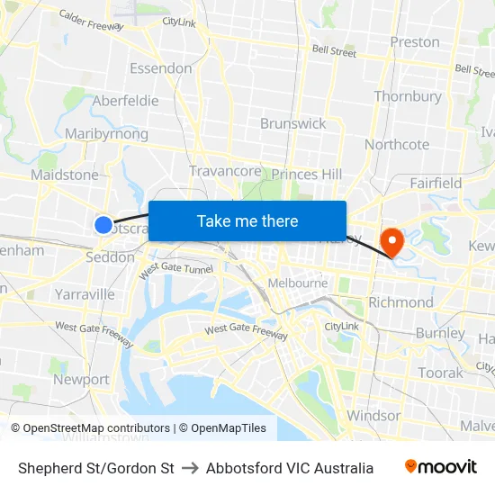 Shepherd St/Gordon St to Abbotsford VIC Australia map