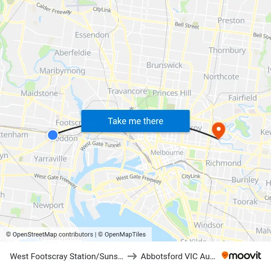 West Footscray Station/Sunshine Rd to Abbotsford VIC Australia map
