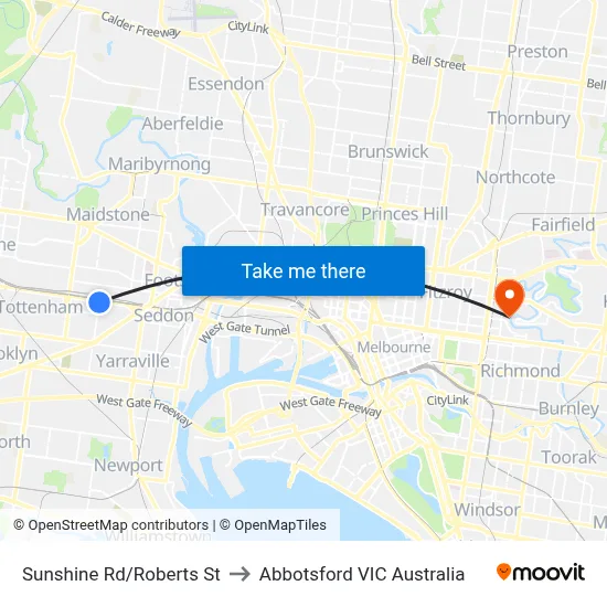 Sunshine Rd/Roberts St to Abbotsford VIC Australia map