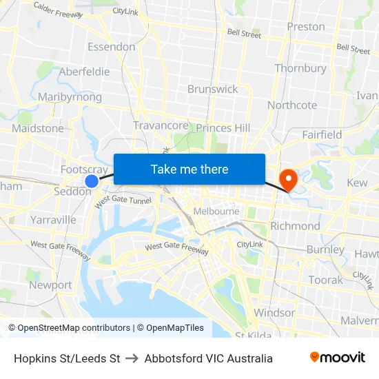 Hopkins St/Leeds St to Abbotsford VIC Australia map